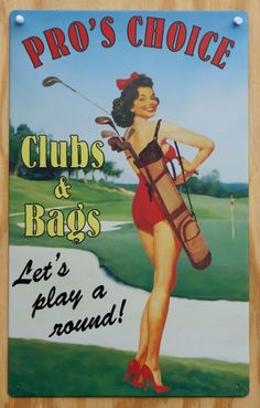 an advertisement for pro's choice clubs and bags, featuring a pin up girl holding a golf club