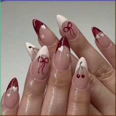 Paznokcie Hello Kitty, Bow Nail Designs, Bow Nail Art, Kutek Disney, Nagellack Trends, Cherry Nails, Easy Nails, Her Nails, Red Nail Designs