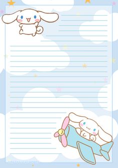 a blue lined paper with an image of a bunny and a dog on it