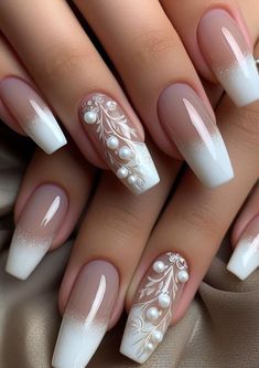 Nail Design With Pearls Art Ideas, Short Coffin Bridal Nails, Wedding Nails Off White, Ideas For Wedding Nails, Square White Nails Design, Pretty Nails With Gems, Natural Nails Rhinestones, Fresh White Nails, Wedding Fall Nails For Bride