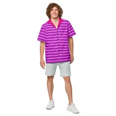 This stylish unisex purple shirt with pink stripes is the perfect addition to your wardrobe! The vibrant combination of purple and pink creates a fun and eye-catching design. Whether you're heading to a casual outing with friends or a day at the office, this shirt will keep you looking fashionable and trendy. The shirt features a short sleeve design, making it ideal for warmer weather or for layering under a jacket or cardigan. Not only does this shirt look great, but it also offers practical be Purple Collared Shirt For Spring, Collared Purple Shirt For Spring, Spring Collared Purple Shirt, Spring Purple Collared Shirt, Pink Casual Shirt With Vertical Stripes, Casual Pink Shirt With Vertical Stripes, Pink Cotton Shirt With Striped Collar, Pink Relaxed Fit Tops With Vertical Stripes, Pink Relaxed Fit Top With Vertical Stripes