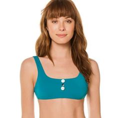 Brand New, Never Worn Becca Bikini Top With Tie Back Features Front Cutout With Button Detail Removable Cups Ties At Back Color Blue/Blue Green Approximate Size + Fit Size M (Size 6-10, Bust 36" - 37", Underbust 30" - 31") Material 83% Nylon Repreve, 17% Lycra - Made From Recycled Nylon. Condition Nwt - Never Worn. Open To Bundles And Offers. Buttoned Swimwear For Beach In Summer, Buttoned Swimwear For Summer Beach, Summer Beach Swimwear With Button Closure, Summer Beachwear Swimwear With Button Closure, Blue Tops For Sunbathing, Navy Blue Bikinis, Swim Tankini, Button Detail, Tie Back