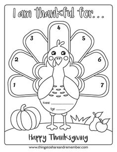 a coloring page for thanksgiving with a turkey and pumpkins in the background that says i am