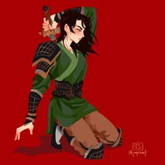 an anime character with black hair and green outfit, kneeling down in front of a red background