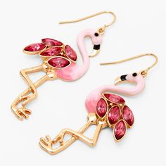 Be queen of the flock in these eye-catching drop earrings. The gold-tone earrings have faux crystal-accented flamingos. Wear these with your favorite sundress for a beachy good look. Finish: Gold-tone Drop: 2" Closure: Fish hook Material: Metal - Claire's Pink Flamingo 2" Drop Earrings Flamingo Room, Flamingo Fashion, Flamingo Pictures, Flamingo Craft, Flamingo Bag, Girly Birthday Party, Flamingo Jewelry, Be Queen, Flamingo Theme