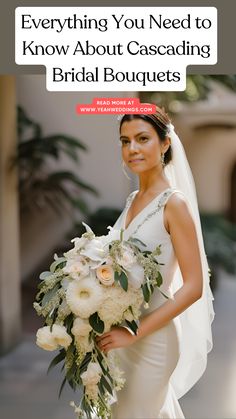 A stunning bride holding a cascading bridal bouquet, featuring elegant flowers that flow beautifully, perfect for matching her dress and wedding theme. Spring Cascading Wedding Bouquets, Bridal Arrangement Bride Bouquets, How To Cascade Bouquet, Red Cascade Bridal Bouquet, Blue And White Cascading Bridal Bouquet, Wedding Bouquets Shapes, Bridal Bouquet Diy How To Make, Small Cascading Wedding Bouquets