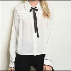 Ivory Rose White Long Sleeved Shirt / Blouse. Pleated Collar With Black Bow. 65% Polyester, 35% Cotton Feminine White Button-up Shirt, White Feminine Shirt For Day Out, Feminine White Shirt For Day Out, White Long Sleeved Shirt, Scalloped Shirt, Pleated Collar, Zipper Neck, Cap Sleeve Shirt, White Linen Shirt