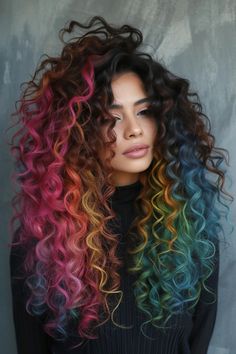 Long curly hair with bold rainbow highlights is a 2024 trend. The vibrant and colorful highlights add fun and energy, perfect for a playful and eye-catching curly hairstyle. Click to see more. Colorful Red Hair, Holographic Hair, Pride Festival, Vivid Hair Color, Festival Ideas, Long Hairstyle, Gorgeous Hair Color, Hairstyle Inspiration