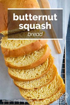 a stack of butternut squash bread sitting on top of a cooling rack next to a loaf of bread