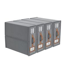 three grey boxes with brown handles and labels on the sides, each containing two different sections