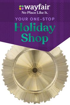 a gold plate with the words holiday shop on it and an image of a purple background