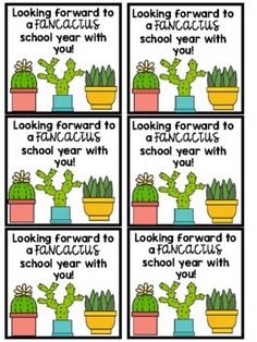 four cards with cactus plants and the words looking forward to school year with you