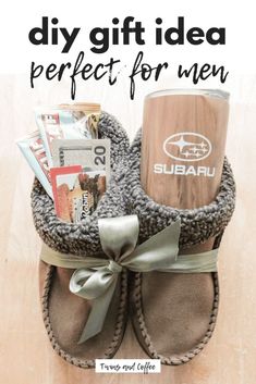 a pair of slippers that have been made into a coffee cup holder with the words diy gift idea perfect for men