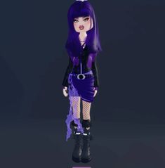 an animated image of a woman with purple hair and black clothes, wearing fishnet stockings