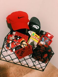 a basket filled with items sitting on top of a wooden table