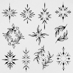 snowflakes are drawn in black ink on white paper