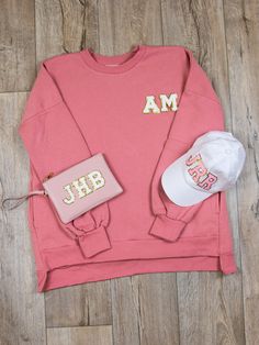 Varsity Letter Sweatshirt, Iron On Letter Patches, Patch Ideas, Monogram Outfit, Monogram Sweatshirt, Letter Sweatshirt, Personalized Makeup Bags, Varsity Letter, Diy Sweatshirt