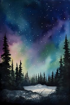 a painting of the night sky with trees and snow on it, as well as stars