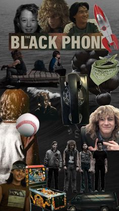 a collage of black phone pictures with people in the background and an image of a woman holding a baseball