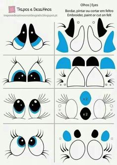 the steps to draw an animal's eyes with blue and black colors on it