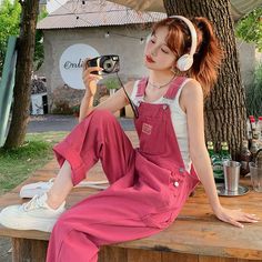 Red Loose Slim Jeans Age Reducing Jeans Denim Straps Pants Net Women's Spring and Summer Versatile Styled Clothes, School Jeans, Long Overalls, Japanese Summer, Strap Pants, Plaid Decor, Kpop Kdrama, Baby Tees Y2k, Y2k Baby Tee