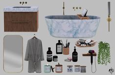 an assortment of bathroom items including bathtub, mirror and sink