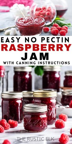 raspberry jam in mason jars with the title overlay reads easy no pectin raspberry jam with canning instructions