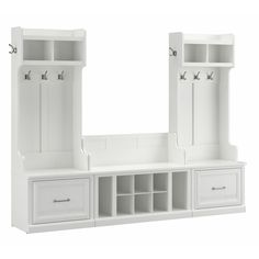 a white shelf with two open doors and drawers