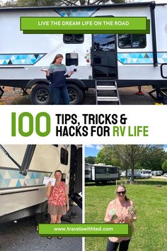 two women standing in front of an rv with the words 100 tips, tricks and hacks for rv life