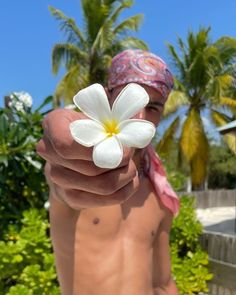 a shirtless man holding a flower in his right hand and pointing it at the camera