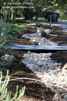 there is a skateboard laying on the side of the road near some rocks and trees