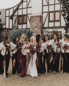 Marissa and AJ’s winter wedding was a timeless celebration with a twist! Moody florals by @ribbon.and.blooms and whimsical vintage details planned by @beebalancedevents set the stage for an unforgettable day. With radiant Hollywood waves and bridal glam by @ksheltonbeauty, the bride added to the vintage-inspired elegance. ✨🌲⁠♥️ •⁠ •⁠ Wed Society | Oklahoma FEATURED vendors:⁠ Wedding Planner: @beebalancedevents⁠ Hair & Makeup: @ksheltonbeauty⁠ Floral: @ribbon.and.blooms⁠ •⁠ •⁠ // Photo: @haley... Dark And Moody Winter Wedding, Winter Wedding Bridesmaid Hair, Old Hollywood Winter Wedding, Moody Bridal Party Photos, Winter Wedding Moody, Winter Wedding Photos Bridal Party, Maroon Winter Wedding, Moody Fall Wedding Aesthetic, Vintage Winter Wedding Aesthetic