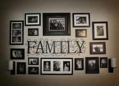 a family wall with pictures and candles on it