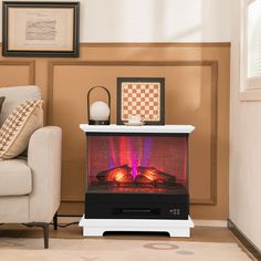 a living room with a couch and a fire place in the corner on top of it