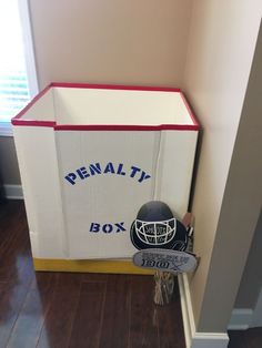 a helmet is sitting on top of a box