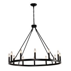 a black chandelier with six lights hanging from it's center circle,