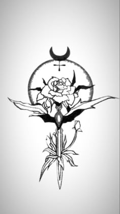 a drawing of a rose with a crescent on it and a knife in the middle