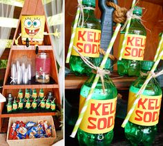 there are two bottles that have kel sod on them and one is filled with candy