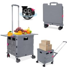 three different types of trolleys with fruit on top