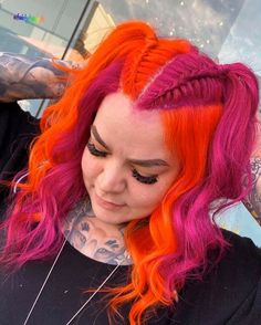 Pulp Riot Hair Color Formulas, Orange And Pink Hair, Orange Pink Hair, Halloween Hair Color Ideas, Halloween Hair Color, Pink And Orange Hair, Color Block Hair