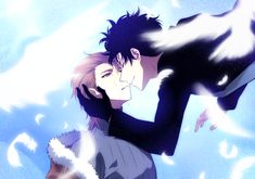 two anime characters are hugging in the air with snow falling around them and one has his arm around the other's neck