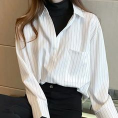 Brand New Korean Fashion Button Up Shirt, Black And White Outfit Winter, Turtle Neck With Button Up Shirt, White Long Sleeve Office Tops, White Long Sleeve Tops For Office, White V-neck Chic Shirt, White Office Blouse For Fall, White Office Wear Blouse For Fall, White Blouse For Office Wear In Fall