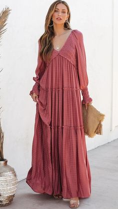 Details: Solid V neckline Long sleeves Maxi dress Size Chart: Size Length Bust inch cm inch cm S 48.4 123 33 84 M 49.2 125 34.6 88 L 50.8 129 36.2 92 XL 51.2 130 37.8 96 2XL 51.7 131 39.4 100 Ruffle Long Dress, Casual Boho Style, Flowy Dress Long, Holiday Dresses Women, Bohemian Mode, Sweater Maxi Dress, Flowy Maxi Dress, Tiered Maxi Dress, Long Sleeve Maxi