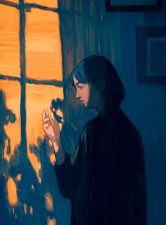 a painting of a person standing in front of a window with the sun shining through