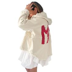 'Love, Mom' Ivory Denim Jacket Cream Cotton Hooded Jacket For Fall, White Hooded Jacket With Pockets For Spring, Nyc Studio, Hooded Denim Jacket, Painted Denim, Jacket With Hood, Be Patient, Cool Jackets, Leather Pieces