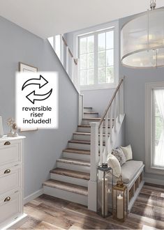 there is a white room with stairs and a sign that says reversible products included