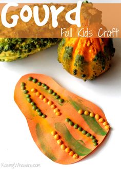 gourd fall kids craft with pumpkins and broccoli in the background