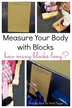 four pictures with the words measure your body with blocks and how many blocks long?