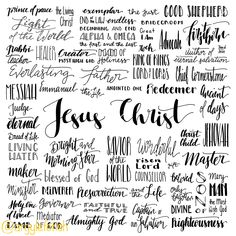 the word jesus christ is written in different font styles and colors, including black on white