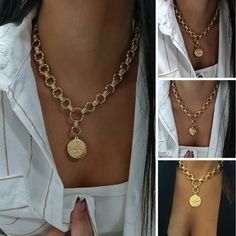 Gift Chunky Chain Necklace With Round Pendant, Metal Medallion Necklace With Gold Chain, Gold Brass Medallion Necklace With Gold Chain, Brass Medallion Necklace With Chain As Gift, Brass Medallion Necklace As Gift, Medallion Necklace With Gold Chain, Gold Coin Necklace As A Gift, Gold Chain Medallion Necklace As Gift, Gold Chain Medallion Necklace